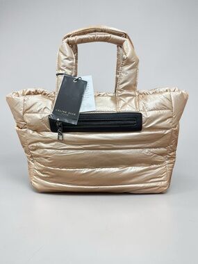 Celine Dion Dynamics Collection Rose Gold Nylon Puffer Quilted Tote Gunmetal NWT